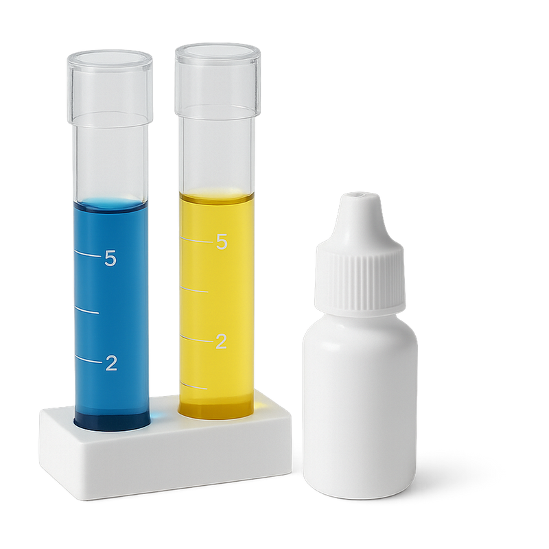 Aquarium water test vials and dropper bottle — Water Care & Medications